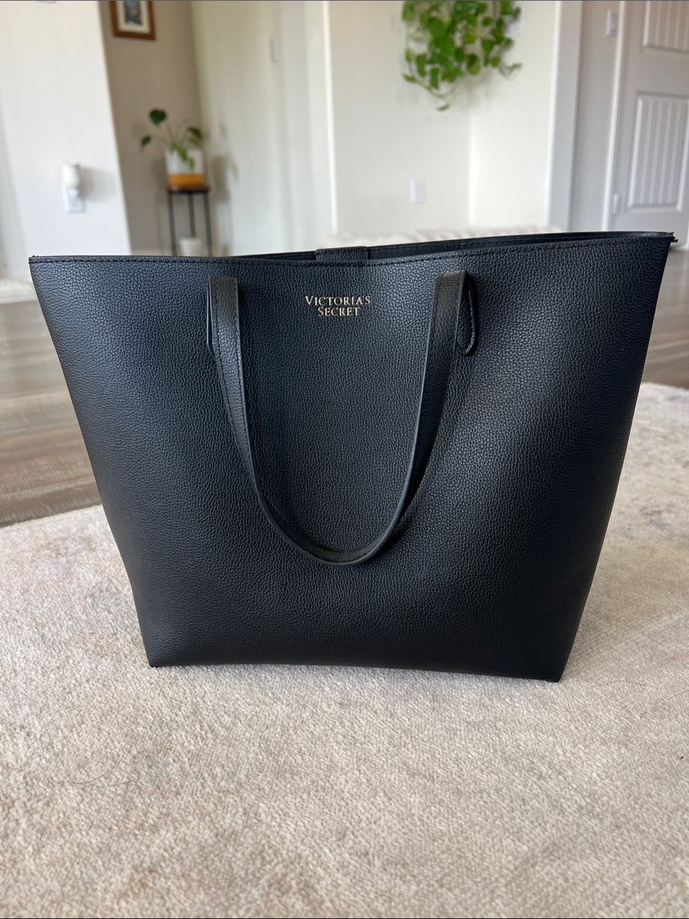 Victoria's Secret Black Pebbled Tote with Gold Logo Accent